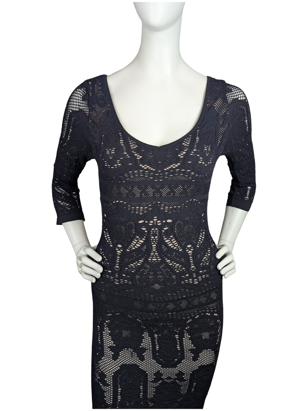Vintage Y2K bebe Made USA Black Lace Nude Lined Bodycon Bombshell Dress M/L - Picture 3 of 9